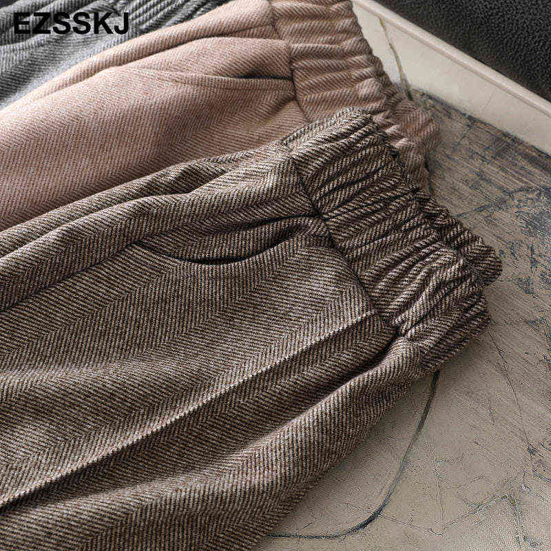CHIC LOOSE harem woolen pants women's autumn winter thick Woolen straight high waist Korean trouses 211124