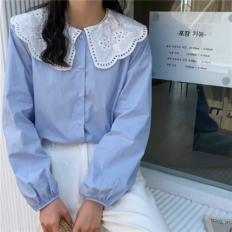 Korean Patchwork Lace Peter Pan Collar Casual Brief Chic Sweet Girls High Quality Femme Loose All Match Shirts 210421
