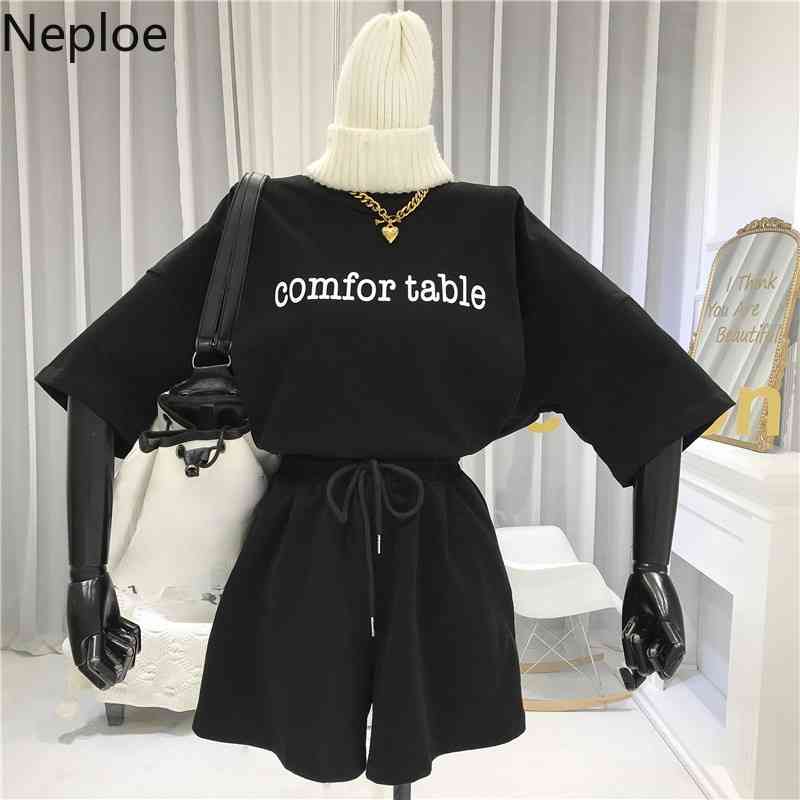 Neploe Tracksuit Sets Women Summer Fashion Letter Print Short-sleeved T-shirt Casual Shorts Loose Two-piece Suit Female 210422