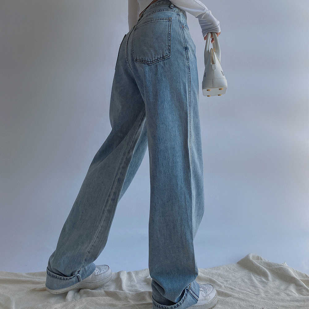 WOMENGAGA High Waist Wide-leg Pants Autumn Jean's Slimming All-match Straight Loose Vertical Mop SMDT 210603