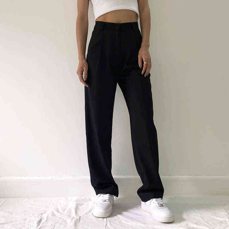 Fashion Straight Suit Women Pants High Waist Casual Office Lady Full Length Wide Leg Loose Female Black Mom Trousers 211124