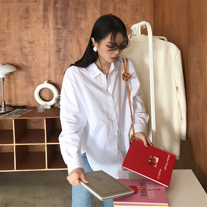 White Solid Color Chic Office Lady Blouses Brief Minimalist Stylish Tops Fresh Women Loose Gentle Casual Shirts 210421