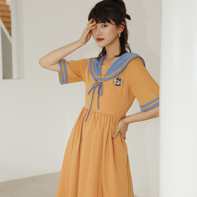 Women Summer Orange Dress Sailor Collar Short Sleeve Large Size Fit Lady Fashion Arrivals 2H074 210526