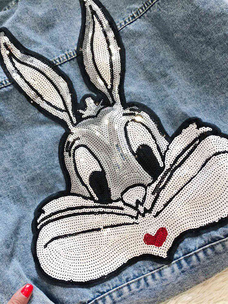 GCAROL Cartoon Sequined Oversized Denim Jacket Bling Loose Preppy Style Embroidered Short Coat Character Outfits 4 season 211117