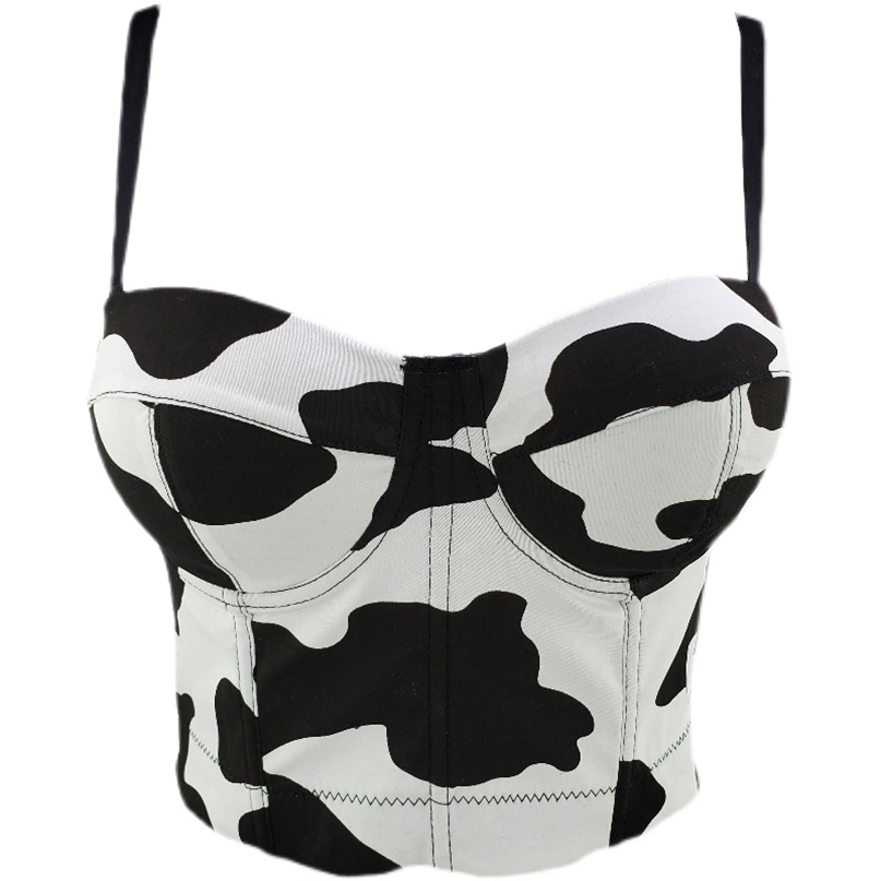 Spring and Summer Fashion Cow Print Camisole Cute Gathered Slim Stretch Women Sleeveless Short Bustier Corest Crop Tops S217 210527