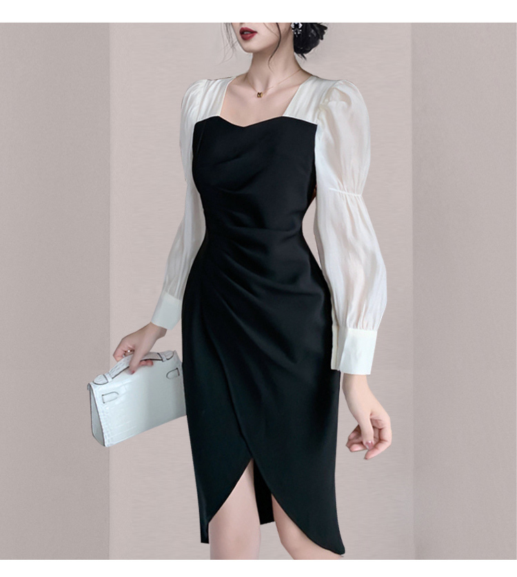 Spring Fashion Women Elegant Square Collar Formal Dress Puff Sleeve Office OL Party Pencil Vestidos 210519