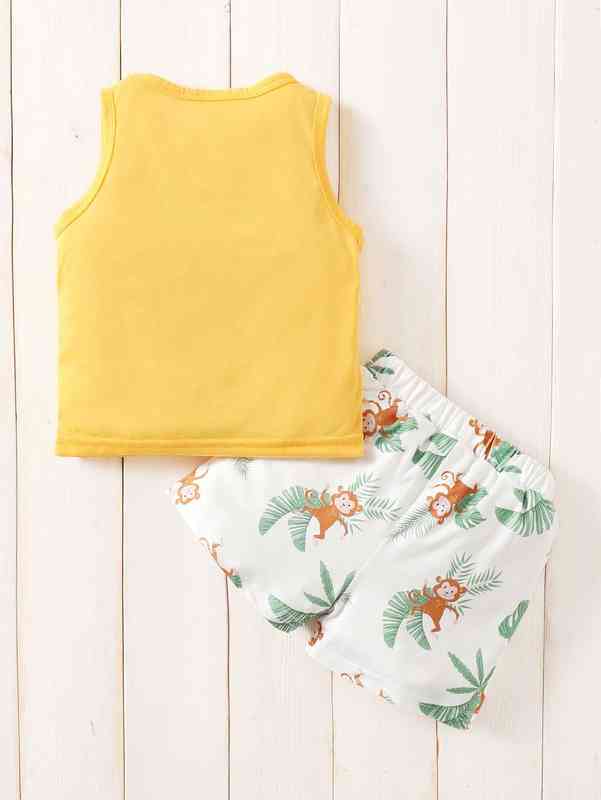 Baby Monkey & Tropical Print Patched Pocket Tank Top & Shorts SHE