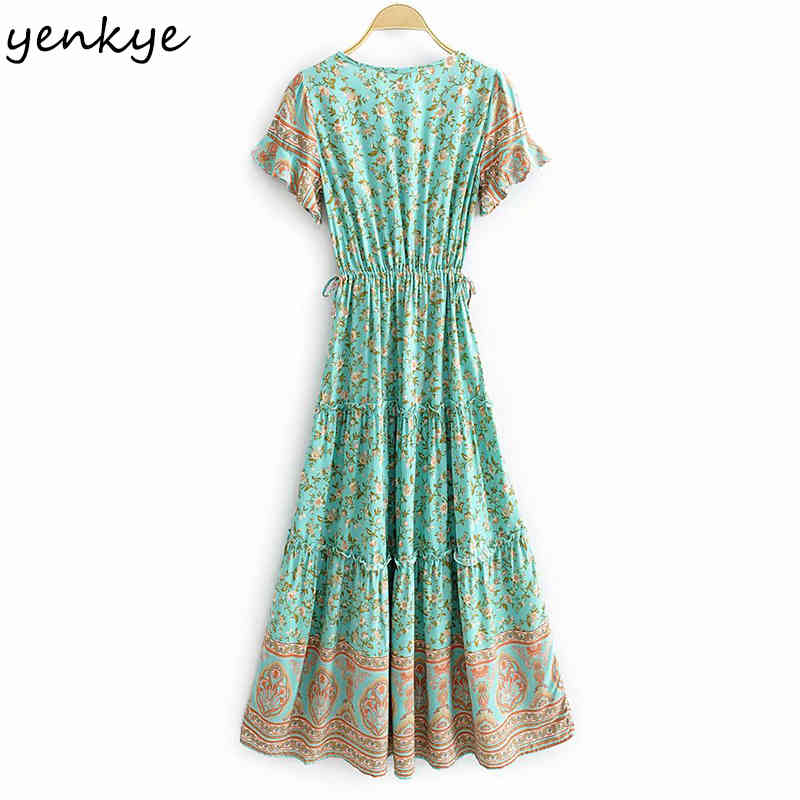 YENKYE Floral Print Holiday Summer Boho Dress Women V Neck Short Sleeve Drawstring Waist A-line Casual Long Maxi Dress Vestido 210515