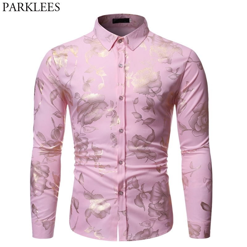 Gold Rose Print Pink Shirt Men Stylish Slim Fit Long Sleeve Mens Dress Shirts Party Wedding Club Social Shirt Chemise Homme 210410