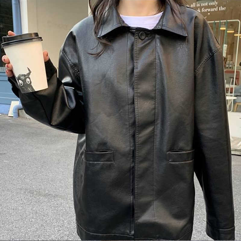 Casual Black Leather Jacket Women Korean Thin Loose Moto Jacket Female Spring Fashion Streetwear Lady Outerwear Biker Coats 210908