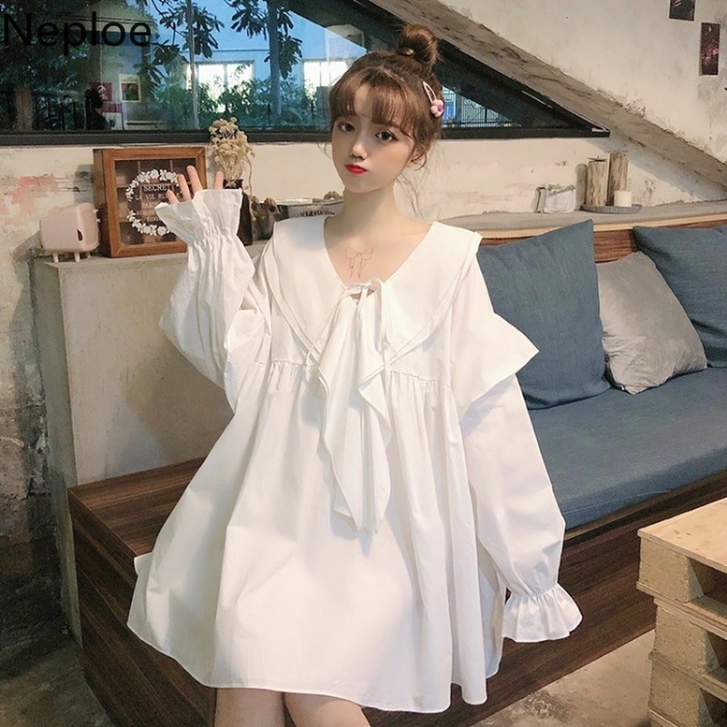 Neploe Women's Dress Ruffled Peter Pan Collar Loose Sweet Vestidos Spring Korean Style Temperament Plus Size Ruched Dresses 210422