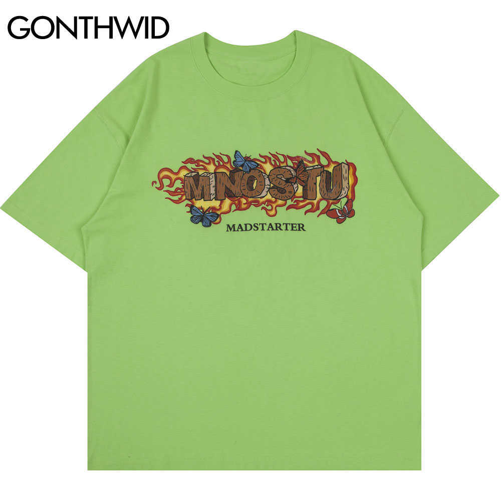 GONTHWID Tshirts Streetwear Fire Flame Earth T-Shirts Harajuku Mens Hip Hop Casual Cotton Short Sleeve Tops Tees 210629