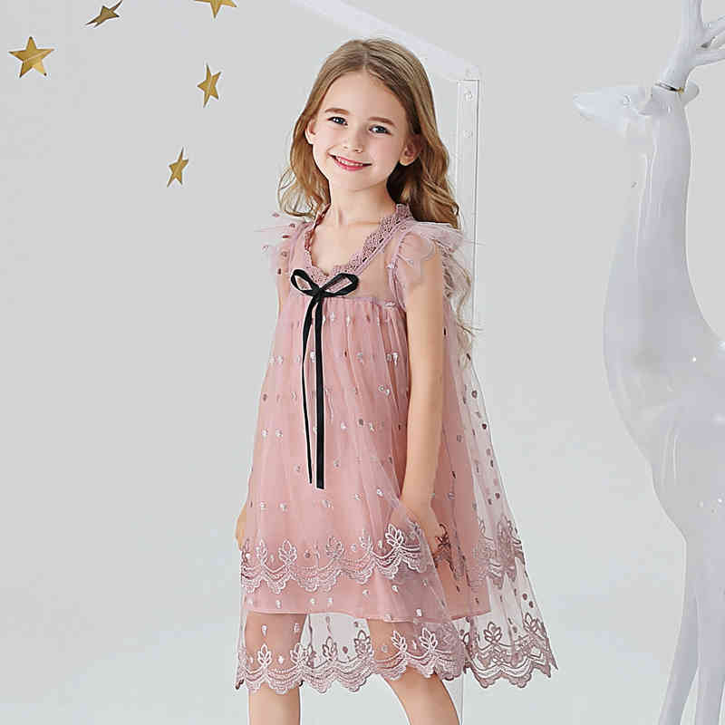 Girls Princess Dress Summer Kids Elegant Mesh Clothes Embroidery Floral Children Baby 210429