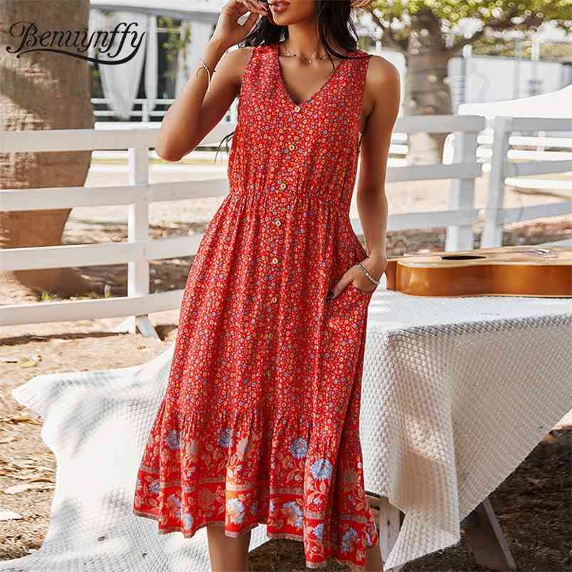 V-neck Button Woman Bohemian Dresses Summer Vacation Casual Pocket Sleeveless Print Swing Long Dress Women Clothing 210510