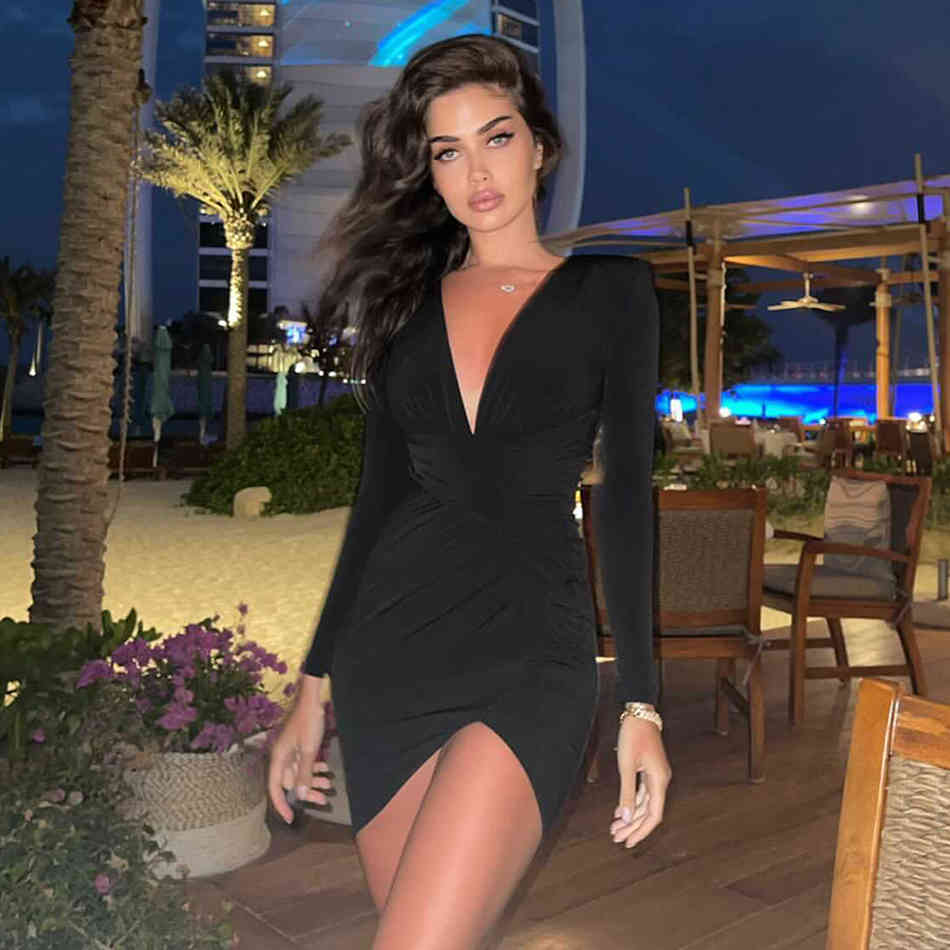 Summer Women's Club Party Tight Dress Sexy V-neck Long Sleeve Draped Fashion White Mini Celebrity Runway 210525