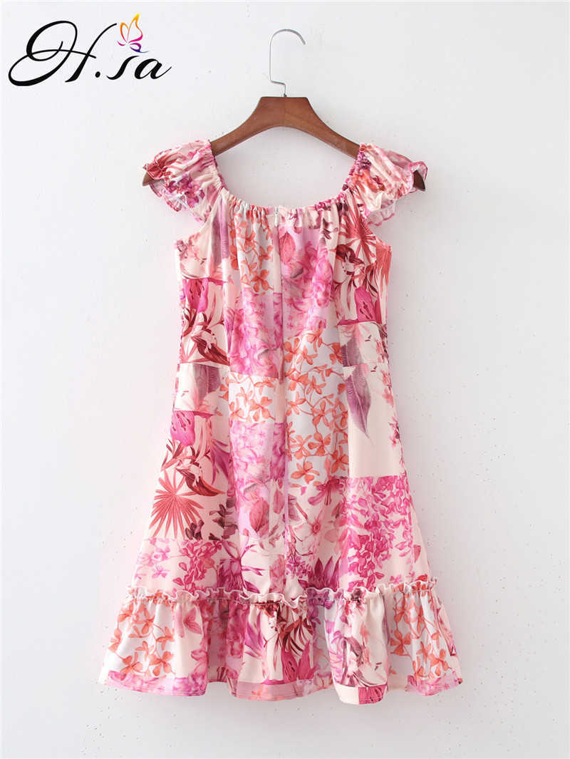 Hsa Summer Floral Dress SexyOff Shouderl Beach Style Loose Pink Holiday Vestidos Bow Tie Cascading Mini Dress Robe Boho 210716
