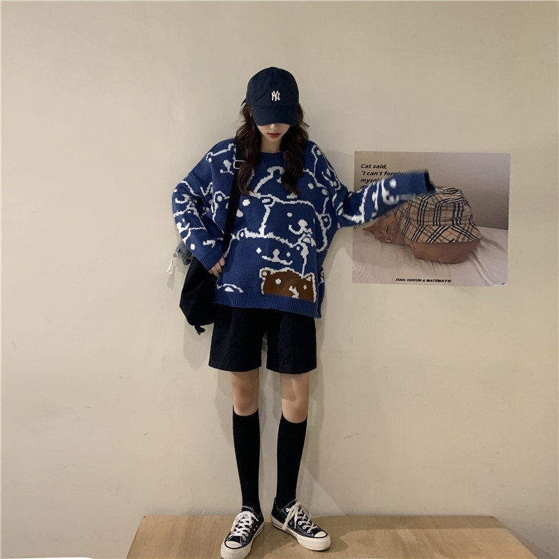 Spring Autumn Cartoon Bear Print Sweater Women Japanse Korean Pullover Kawaii Loose Casual Streetwear Tops 25943 210519