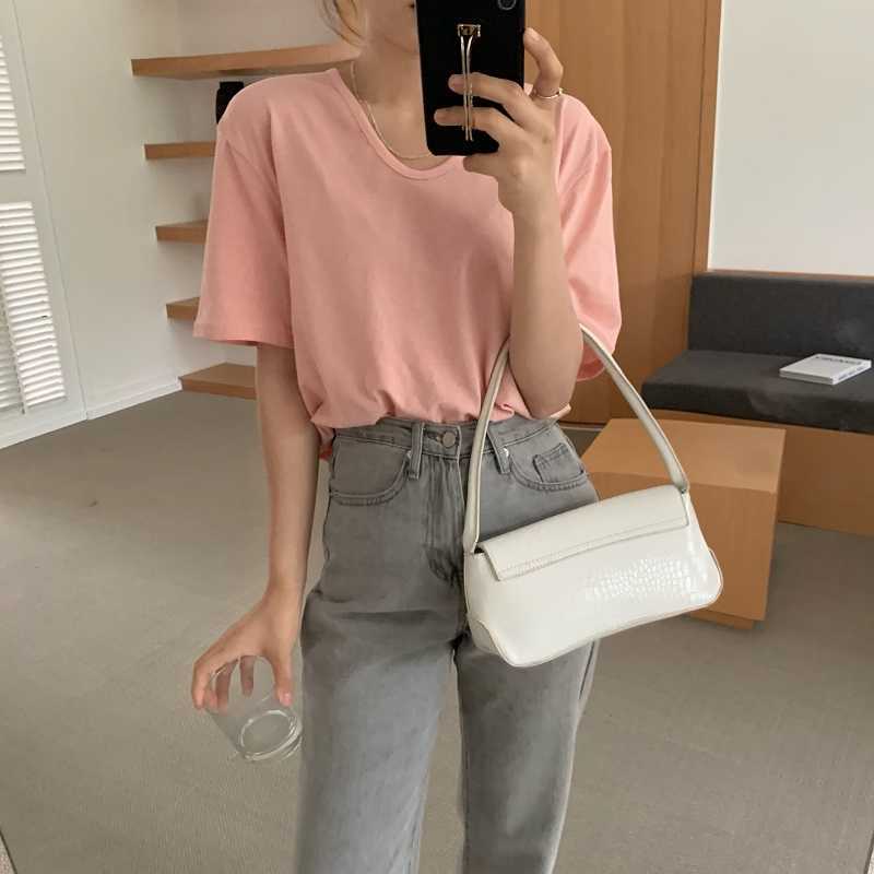 LY VAREY LIN Summer Women Casual V-neck Short Sleeve Candy Color Pink Tops Loose Simplicity Female White Black T-shirts 210526