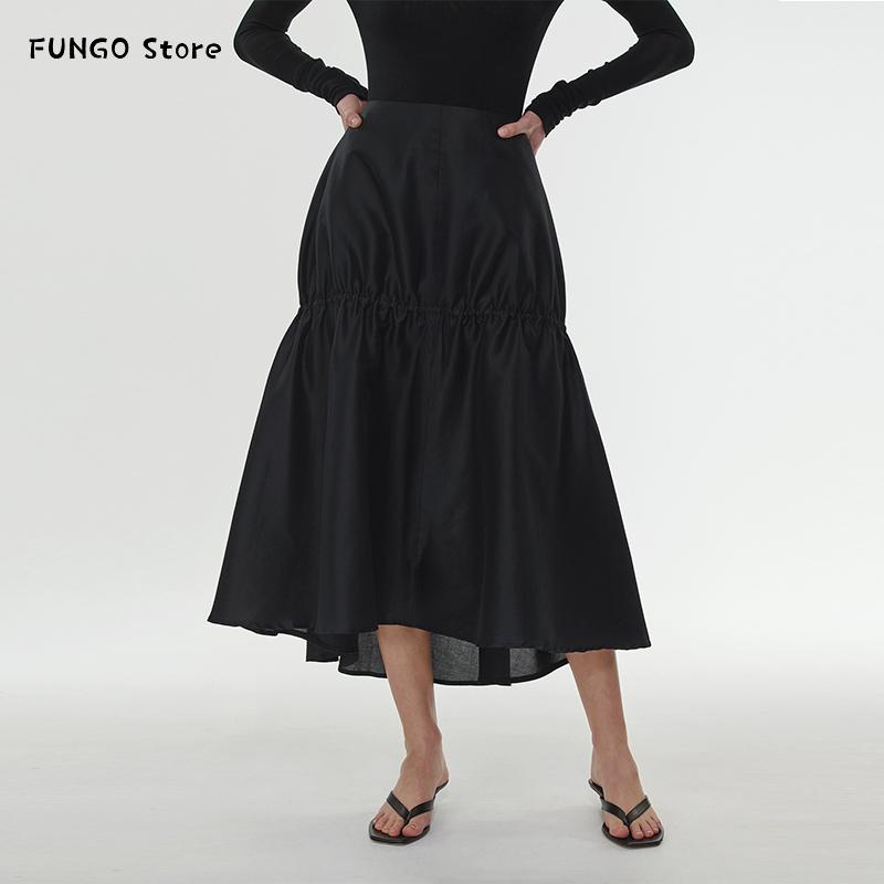 Skirts Black Midi Skirt Women High Waist Simple Pleated 2021, A skirt