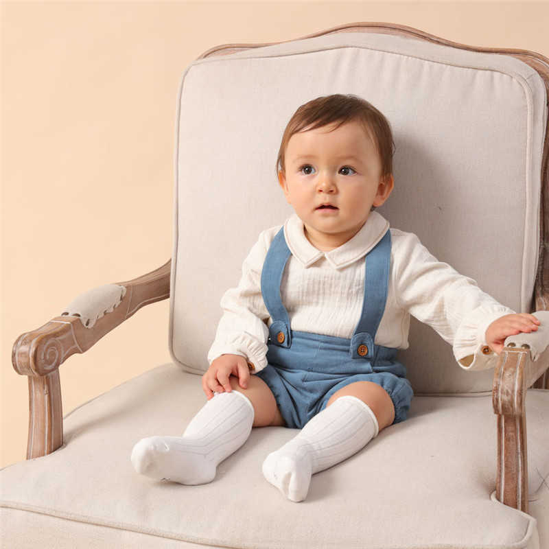 2Pcs Children Spanish Boutique Clothing Baby Boys Birthday Baptism Clothes Set Toddler Long Sleeve White Shirt + Blue Overalls 210615