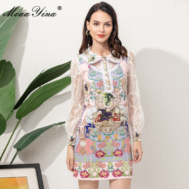 

Fashion Designer Summer Dress Women' Turn-down Collar Lace Splicing Beading Floral print Slim Vintage Mini 210524, Multi