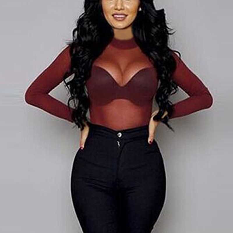 Sexy Women Blouses See Through Transparent Mesh Stand Neck Long Sleeve Sheer Blouse Shirt Ladies Tops Tee Plus Size 210607