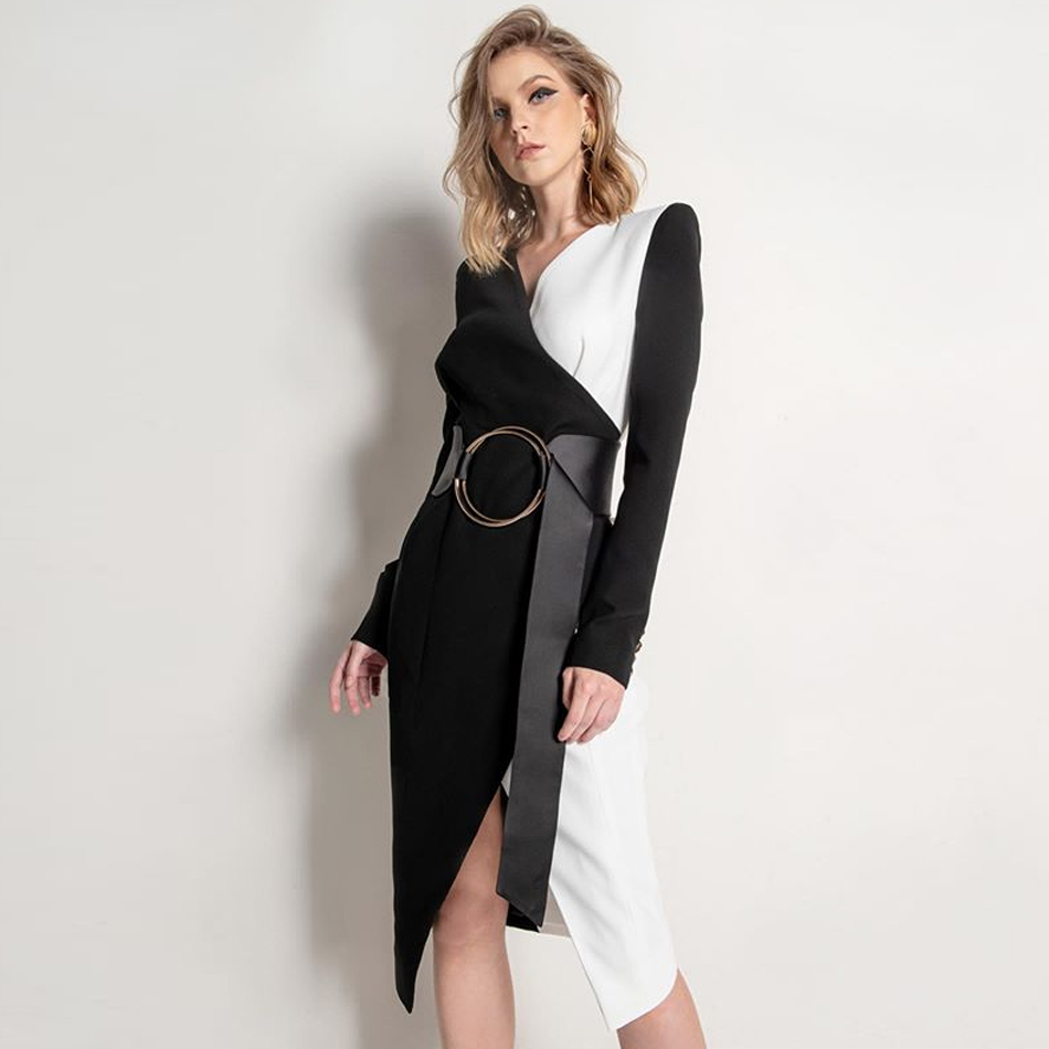 Winter Women Long Sleeve V Neck Bandage Dress Sexy Patchwork Sashes Button Midi Club Celebrity Runway Party 210423
