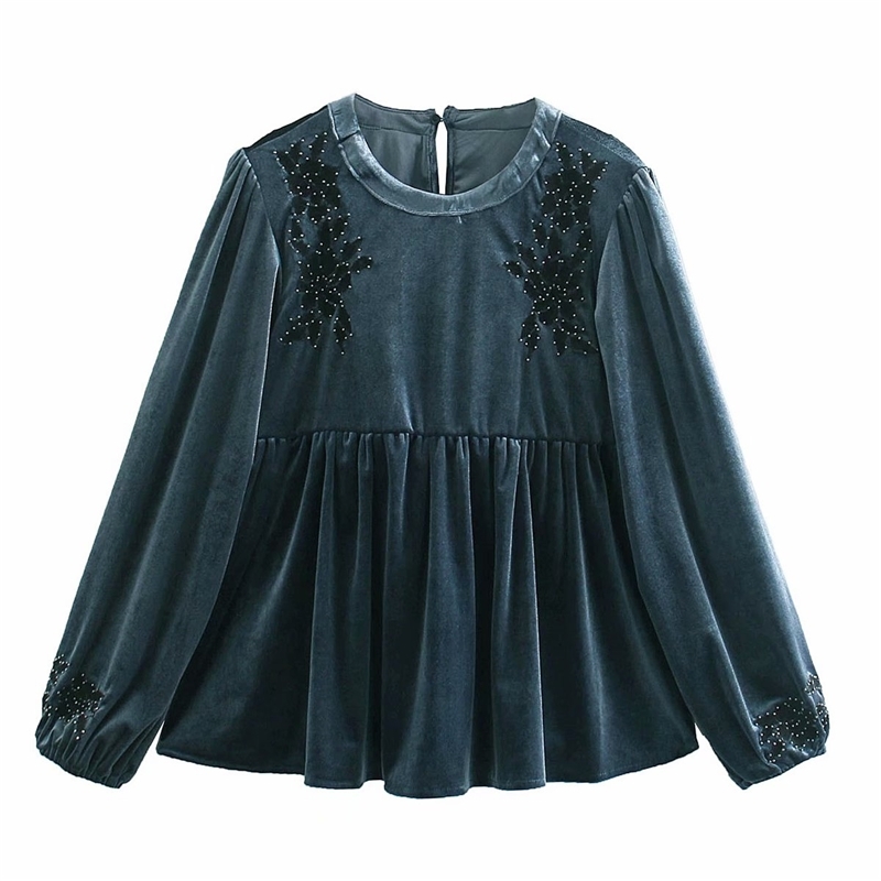 Elegant Women Solid Velvet Shirts Fashion Ladies O-Neck Pleated Tops Sweet Female Chic Floral Embroidery Blouses 210430