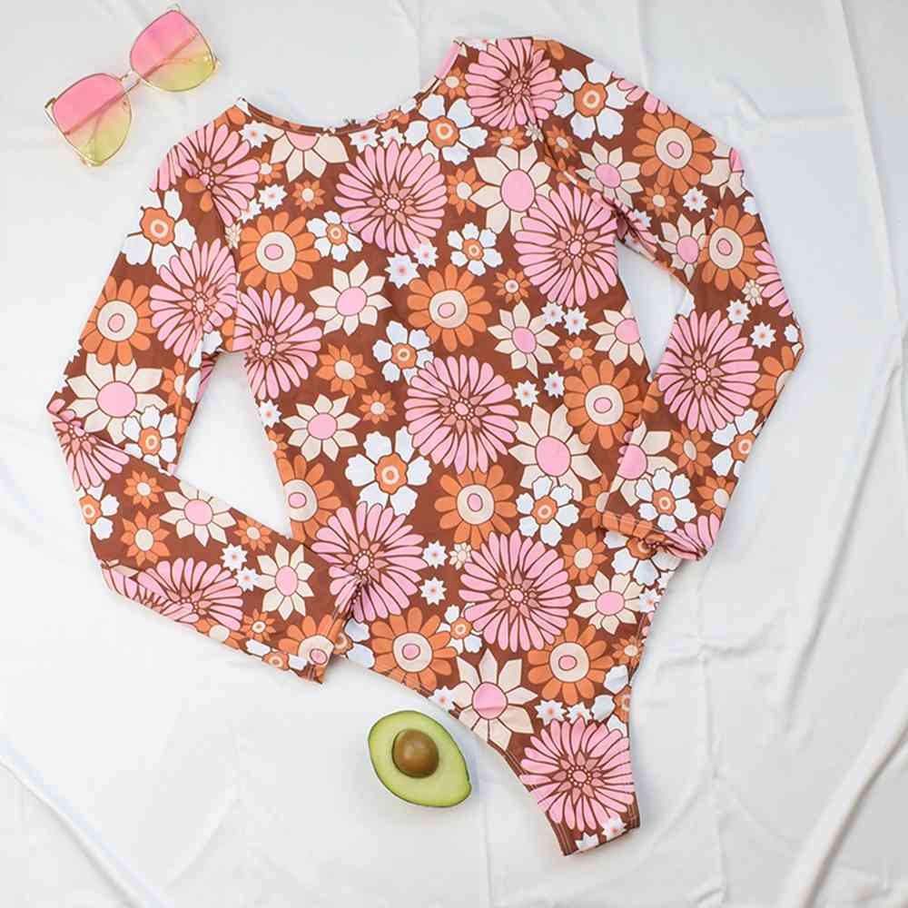 Sexy Long Sleeve Swimwear Women Swimsuit Zipper Bodysuit Monokini Surfing Swim Suits Print Bathing Suit Beachwear 210521