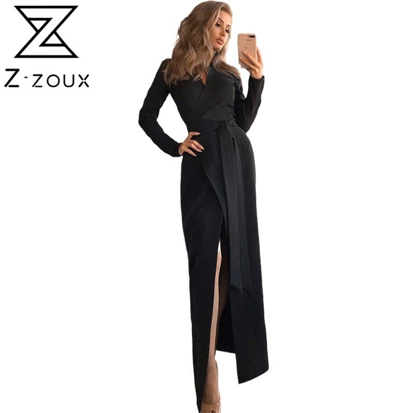Women Dress Temperament Maxi es V Neck Long Sleeve Split Vintage Lace Up High Waist Slim Ladies es 210513