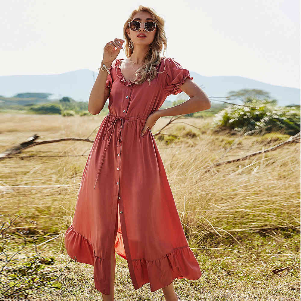 Summer Beach Maxi Dress Women Ruffle Short Sleeve Lace Up Button Boho Long Casual O-Neck Split Sexy Party Robe Femme 210522