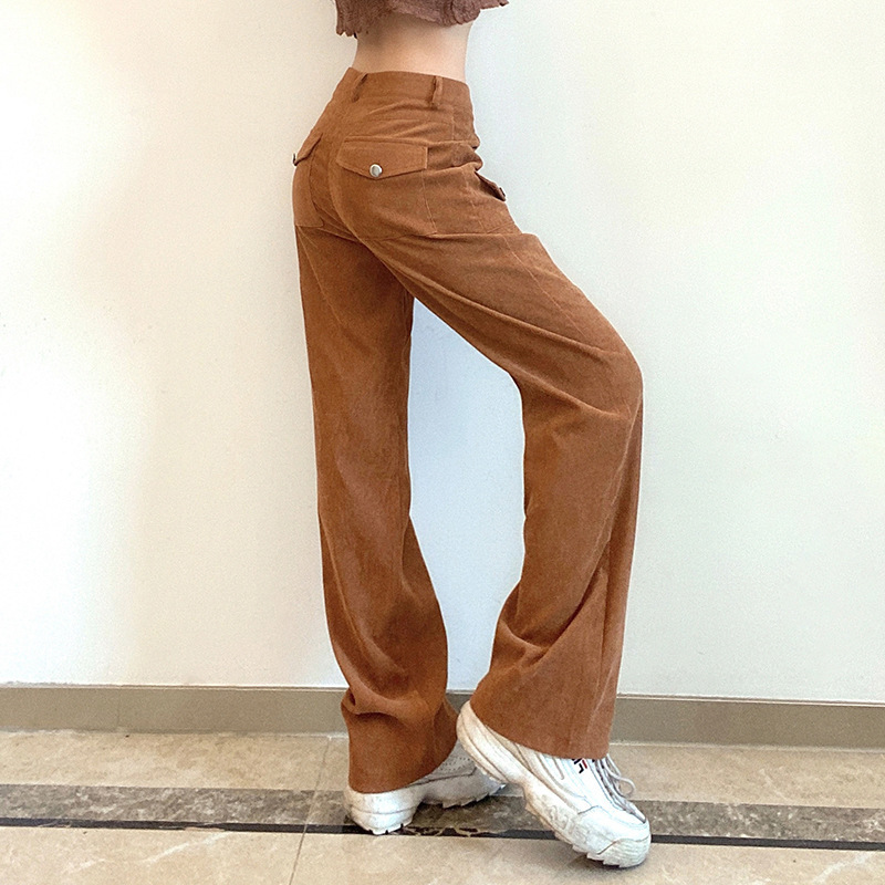 women Long Corduroy Pants middle waist straight long trousers pockets styled Casual female pants 210524