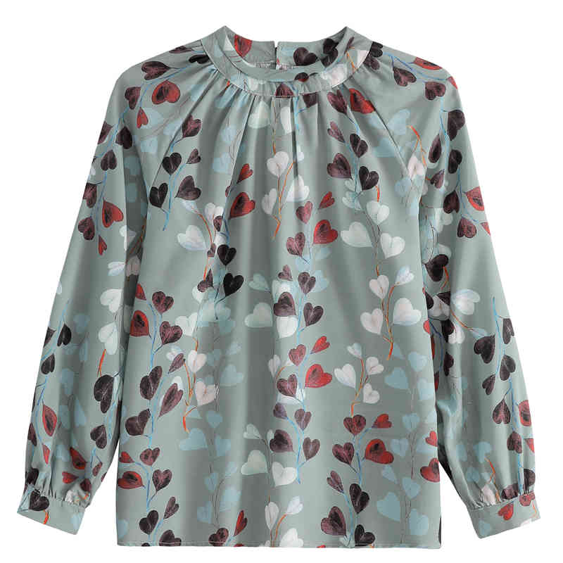 Green Silk Chiffon Blouses Women Print Shirts Casual Sweet Autumn Womens Tops and Long Sleeve Shirt Blusas 10741 210506