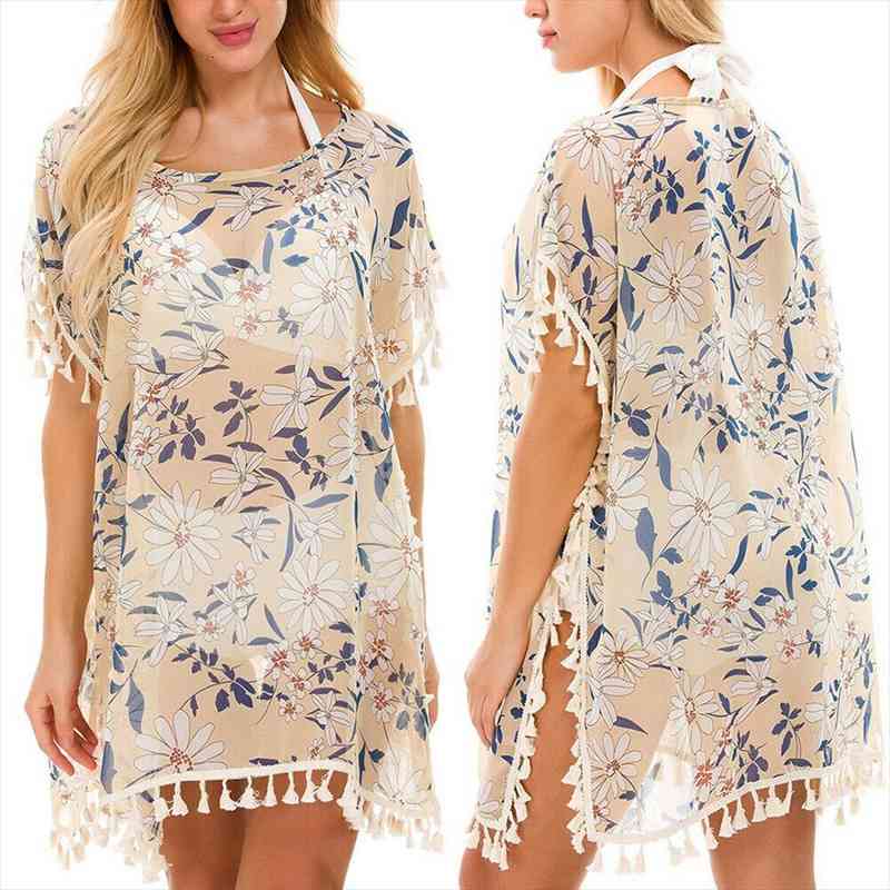 boho beach cover up swimwear women summer chiffon floral print kaftan bikini bathing tassels side split beach dress, White;black
boho beach cover up swimwear women summer chiffon floral print kaftan bikini bathing tassels side split beach dress, White;black