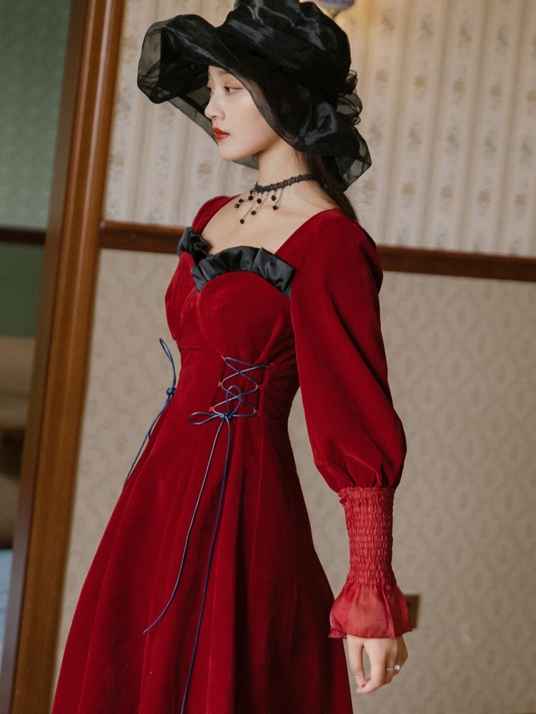 victorian square collar long sleeve elegant red autumn winter velvet midi dress for women ruched strawstring 210421