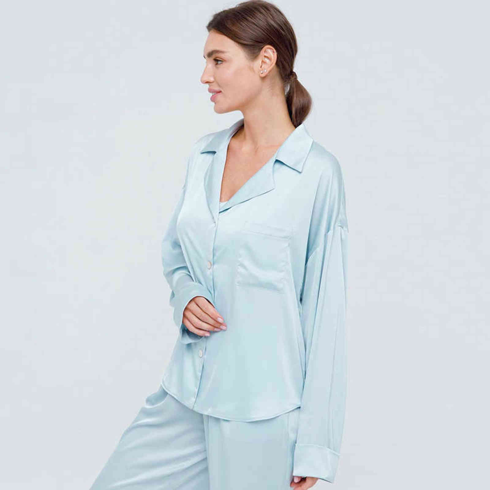 HECHAN Solid Loose Female Pajamas Satin Turndown Collar Long Sleeve Pocket 2 Piece Set Pants Homewear Silk Women Sleepwear Suits 211109