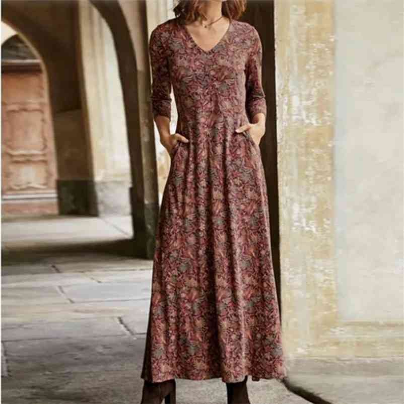 Fall Dresses for Women Long Sleeve Floral Print V-neck Fashion Bohemian Slim Maxi Dress Elegant Clothing New Arrival Spring 210409