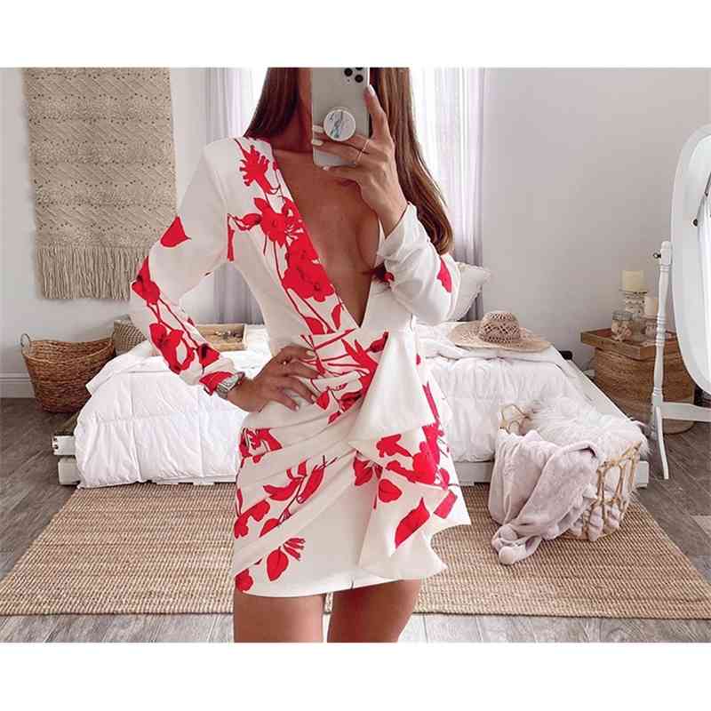 Women Dress Deep V Neck Bohemia es Sexy Mini Print Floral Maxi Long Sleeve Backless Hollow Out es 210513