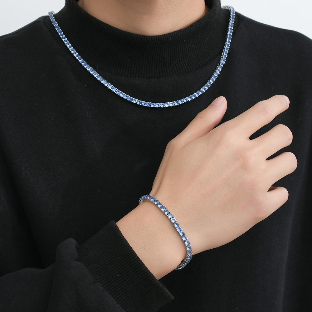 New in Fashion Charm Bling Iced Out Sea Blue Cubic Zircon 4mm Tennis Chain Necklace Hip Hop Jewelry for Couple Men Women punk party Gift