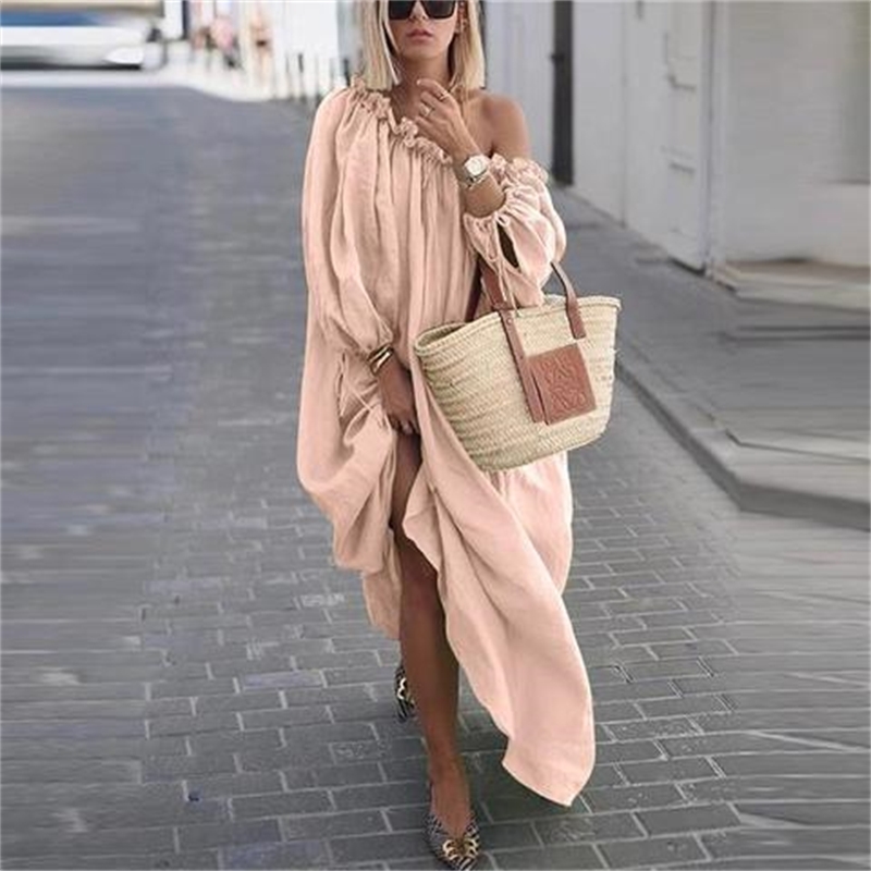 Women Dress Lantern Sleeve Slash Neck Ruffles Loose Beach Dresses Plus Size Long White Fashion 210513