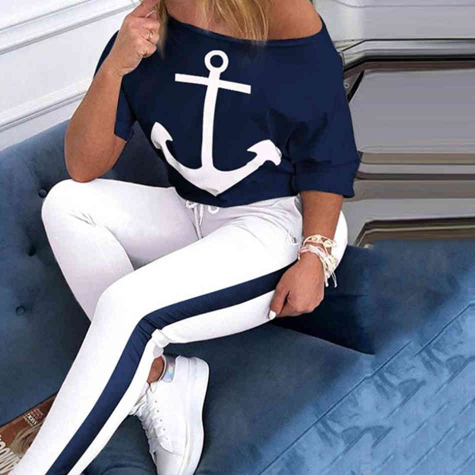 Free Summer Leisure Sports Suit Women's Round Neck Short Sleeve Anchor Print T-shirt & Two-piece Elastic Pants 210524