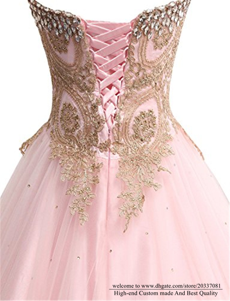 Quinceanera Dresses 2021 Pink Crystal Princess Sweetheart Gold Appliques Party Prom Formal A-Line Lace Up Tulle Vestidos De 15 Anos Q25