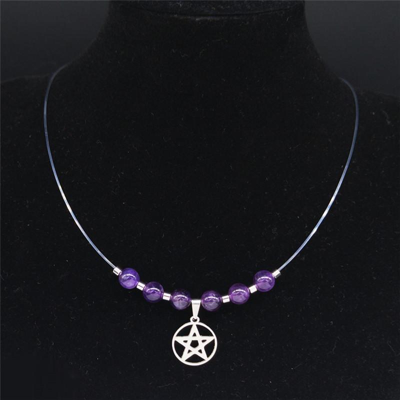 Pendant Necklaces Purple Crystal Stainless Steel Necklace Witchcraft Pentagram Fishing Line Silver Color Heart Jewelry Moda Mujer N202357
Pendant Necklaces Purple Crystal Stainless Steel Necklace Witchcraft Pentagram Fishing Line Silver Color Heart Jewelry Moda Mujer N202357