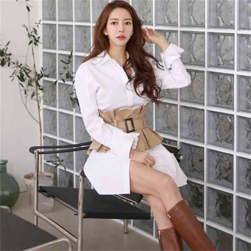 Korean Elegant Fashion Women Two Piece Set Vintage White Lapel Long Sleeve Office OL Shirt Mini Dress With Khaki Girdle 210519