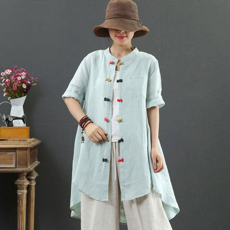 National Style Summer Women Shirt Plus Size Short Sleeve Loose Colours Button Long Linen Tops Vintage Femme Blouses D14 210512