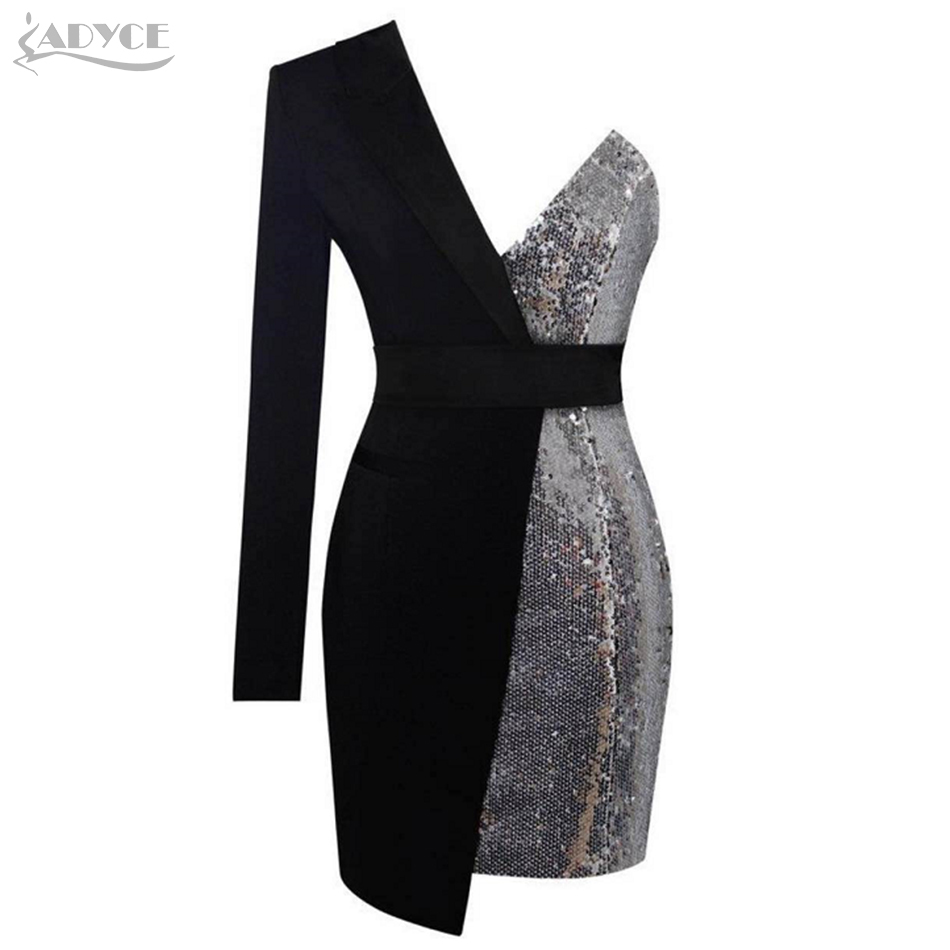 Summer Women Red Sequins Dress Sexy One Shoulder Long Sleeve Mini Bodycon Celebrity Runway Club Party Dresses Vestidos 210423