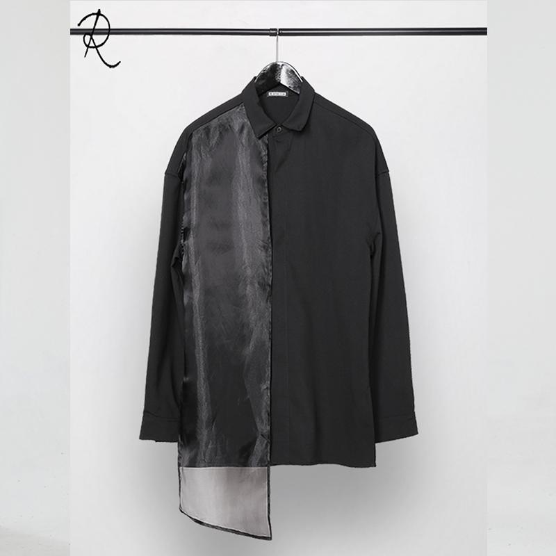Dark Street Personality Irregular Mesh Patchwork Slim Black Shirt Long Sleeve Men Men's Casual Shirts