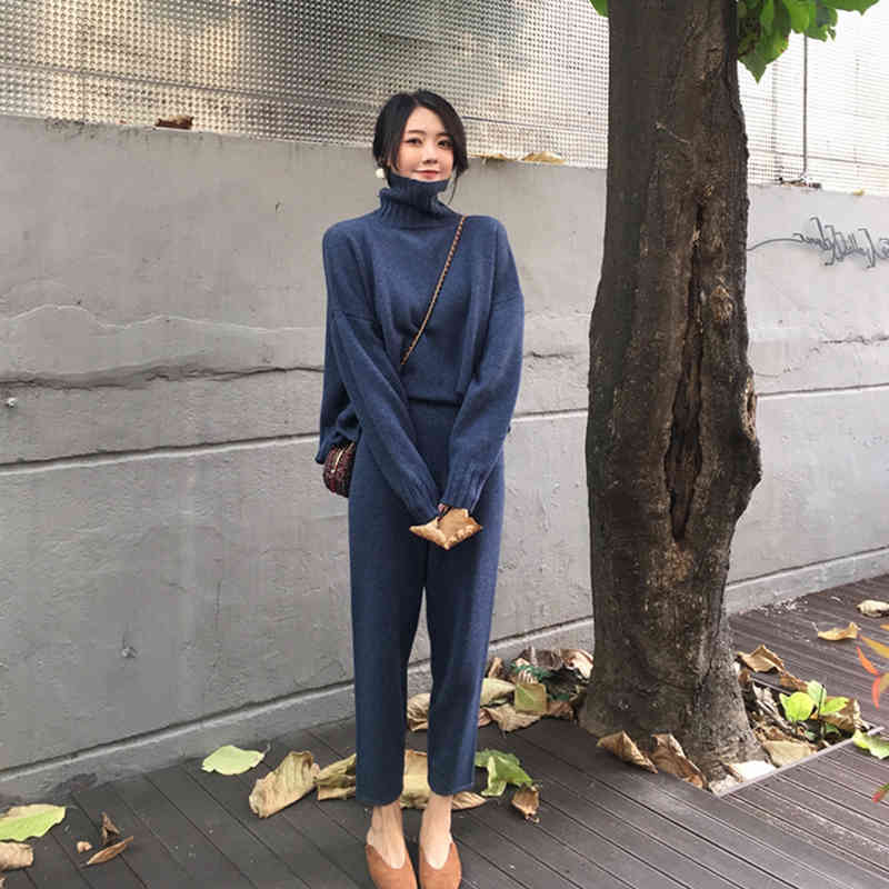 Autumn Winter Knitted Tracksuit Turtleneck Sweatshirts Fashion Women Suit clothing 2 Piece set Knit pant Female Pants suit 210506