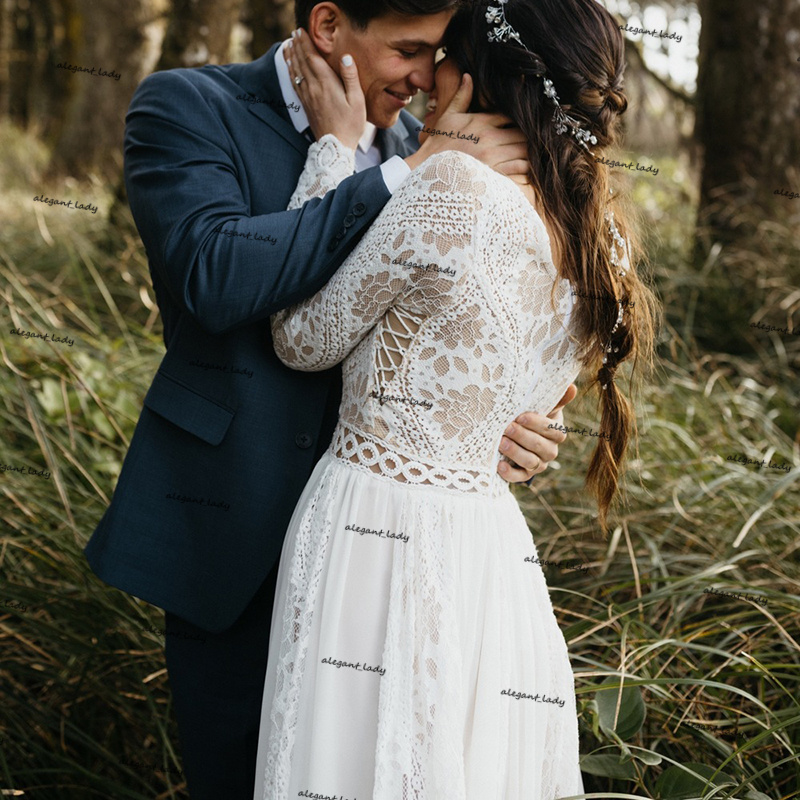 Crochet Cotton Lace Wedding Dresses 2021 Hippie Beach Boho Fairy Chiffon Skirt Long Sleeve Champagne Lining Bridal Gown
