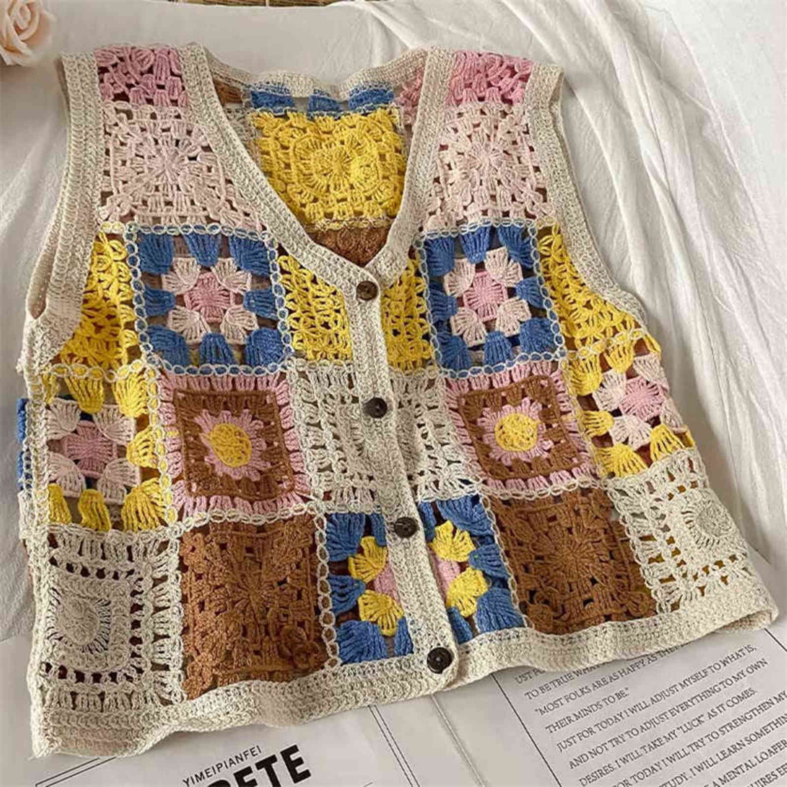 Bohemian Floral Embroidery Crochet Vest Women Sleeveless Waistcoat Summer Knit Vests Crop Top Vintage Chaleco Mujer 211120
